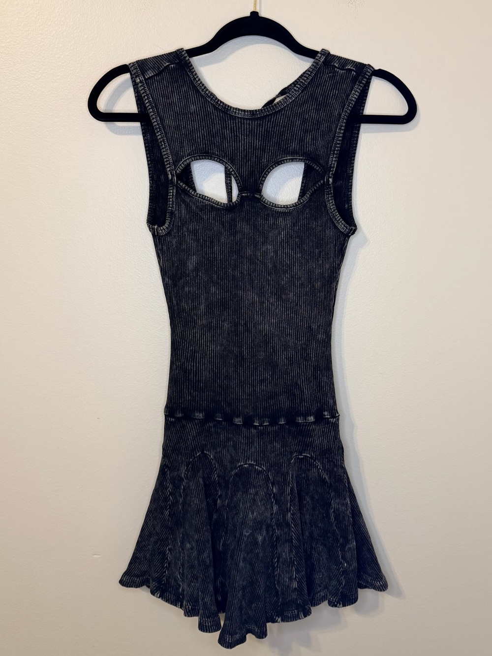 Sleeveless Black Acid-Wash Cutout Mini Dress